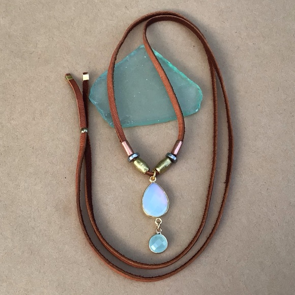 Leather cord Opalite Aquamarine Sundance Charm Necklace Sale - Picture 6 of 8